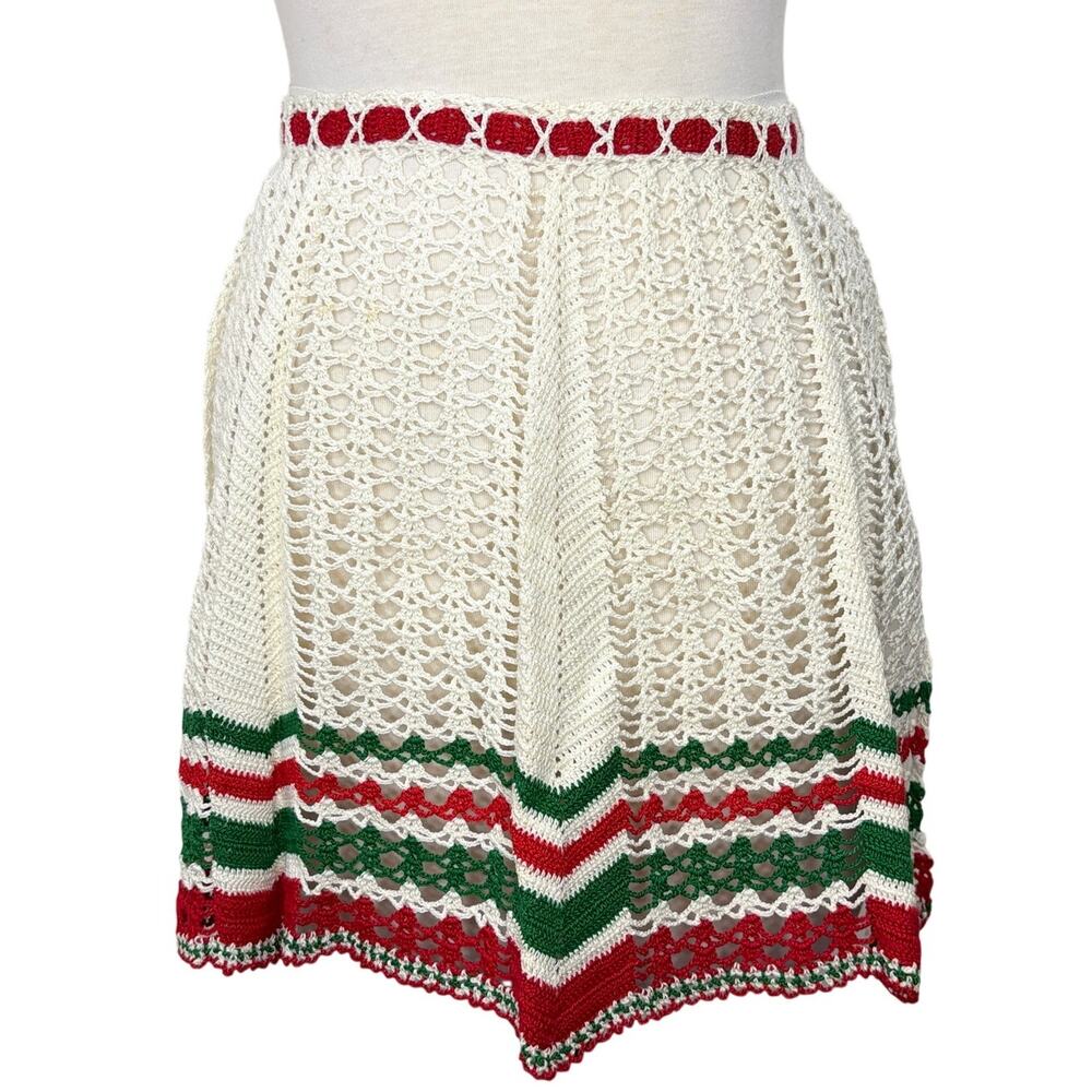 Vintage Handmade Waist Half Apron Holiday Christmas Crochet Knit 50s Cottagecore